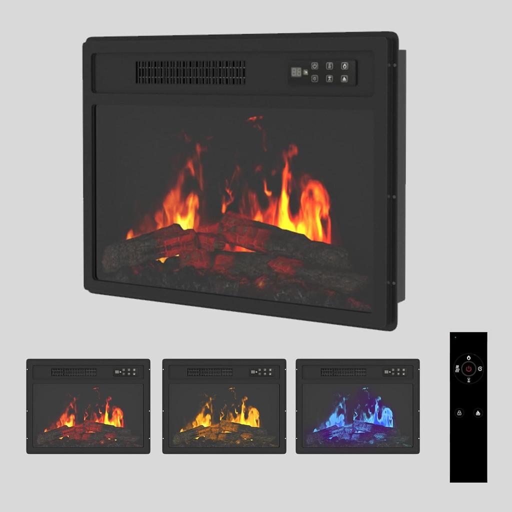 YODOLLA Electric Fireplace Heater - 7 Flame Colors, 5 Dynamic Levels, 2 Heat Settings (750/1500W), 8H Timer, Child Lock, Quiet Operation - Black