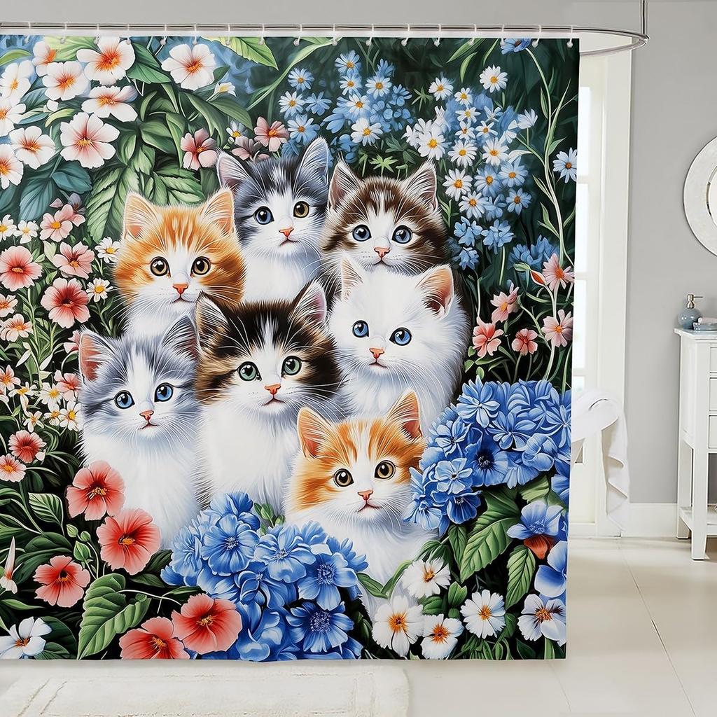 Милые Кошки Шторка для Душа для Детей Девочек Подростков Синяя Цветочная Зеленые Листья Аксессуары для Ванной Комнаты Дом Сад Домашние Животные Животные Рустик Ванная