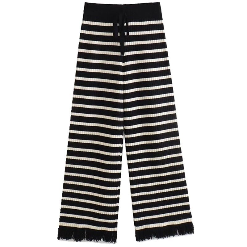 Fashion Wind New Fall Women's Clothing Stripes Contrast Color Straight-leg Fringed Burr Knitting Wool Pants 4 Colors