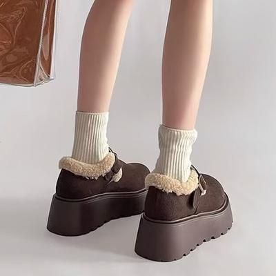 Мода 2025 Модные Универсальные Женские Хлопковые Туфли Толстая Подошва Лоферы Теплая Флисовая Подкладка Плоский Каблук Круглый Носок Туфли