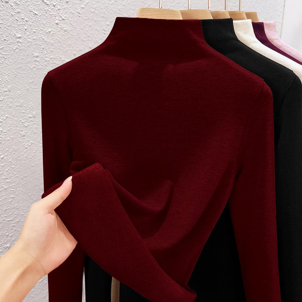 Autumn and Winter Women's Clothing Containing Wool and Silk Bottoming Shirt Women's Inner Heating Fleece Warm Turtleneck Top with Fleece and Thicker