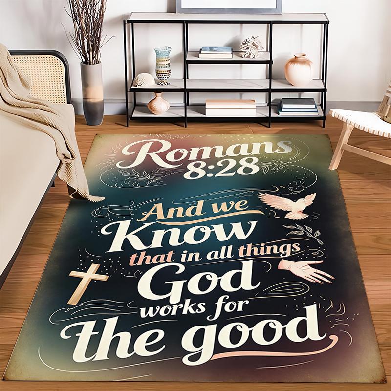 Romans 8:28 Biblical Quote Carpet with Dove, Cross & Gradient Style Suitable for use as an anti-slip for living room bedroom sofas