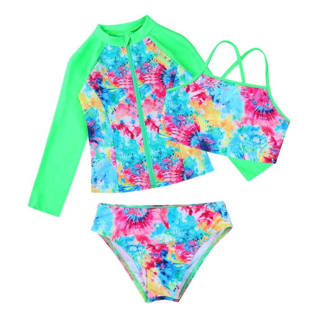 3pcs Kids Girls Swimsuit Sun Protection Rash Guard Shirt Bathing Suit Long Sleeves Coat with Vest Top and Briefs