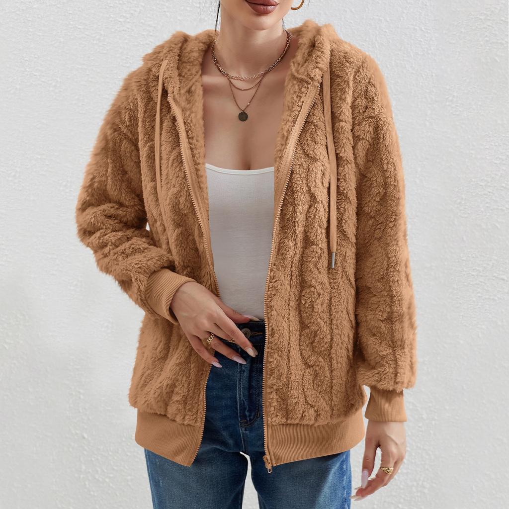 Women's Fashion Long Sleeve Solid Color Pocket Plush Cardigan Hooded Zipper Sweatshirt Jacket