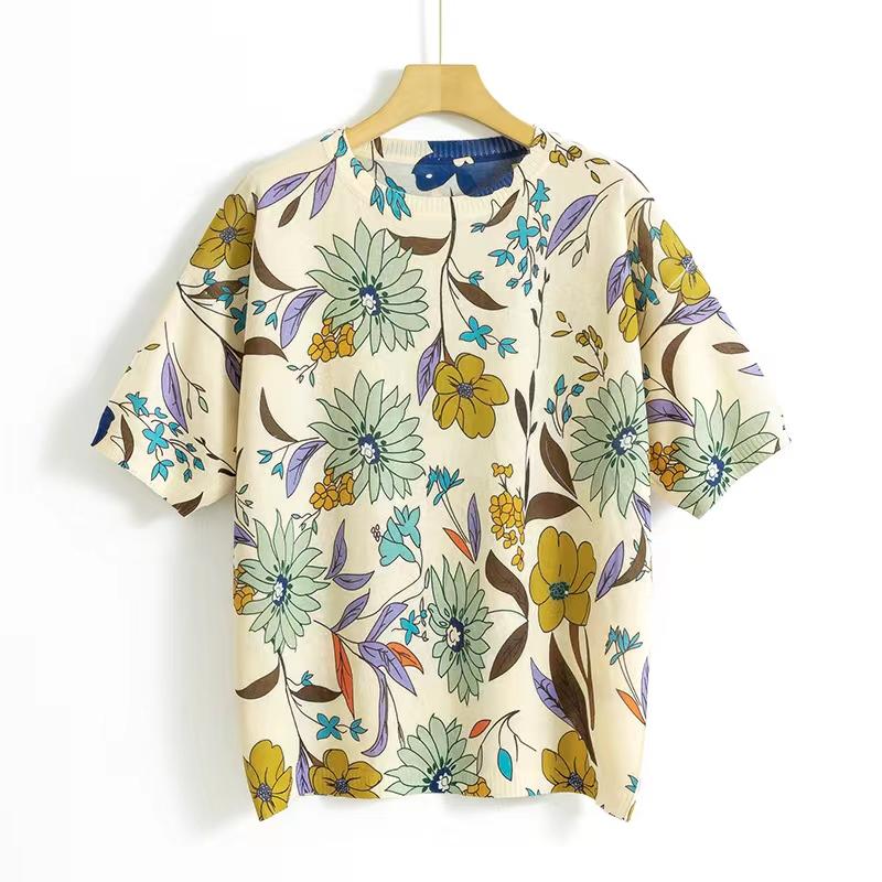 Вязаные топы с короткими рукавами Весенние трикотажные пуловеры с цветочным принтом Женская повседневная футболка с круглым вырезом