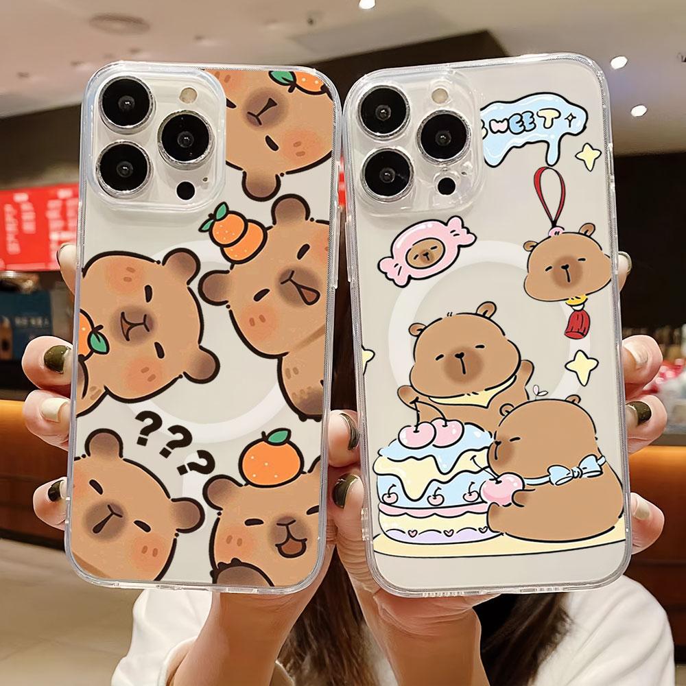 Чехол для телефона с изображением милой капибары из мультфильма для iPhone 11 12 13 14 15 16 Pro Max Plus с магнитной беспроводной зарядкой, прозрачный защитный чехол