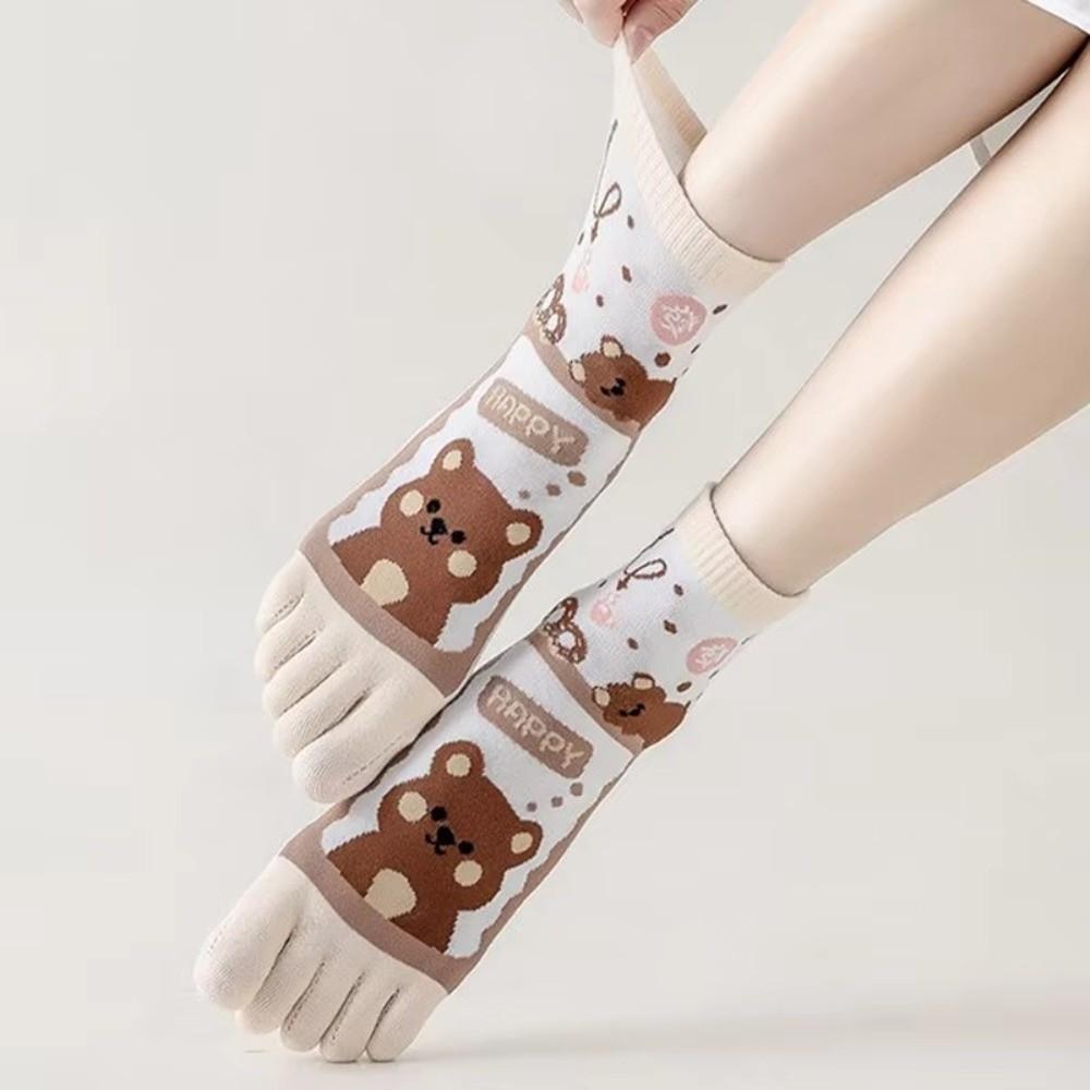 Cotton Five Fingers Women Socks Cartoon Medium Tube Socks Kawaii Split Toe Socks For Yoga Sports