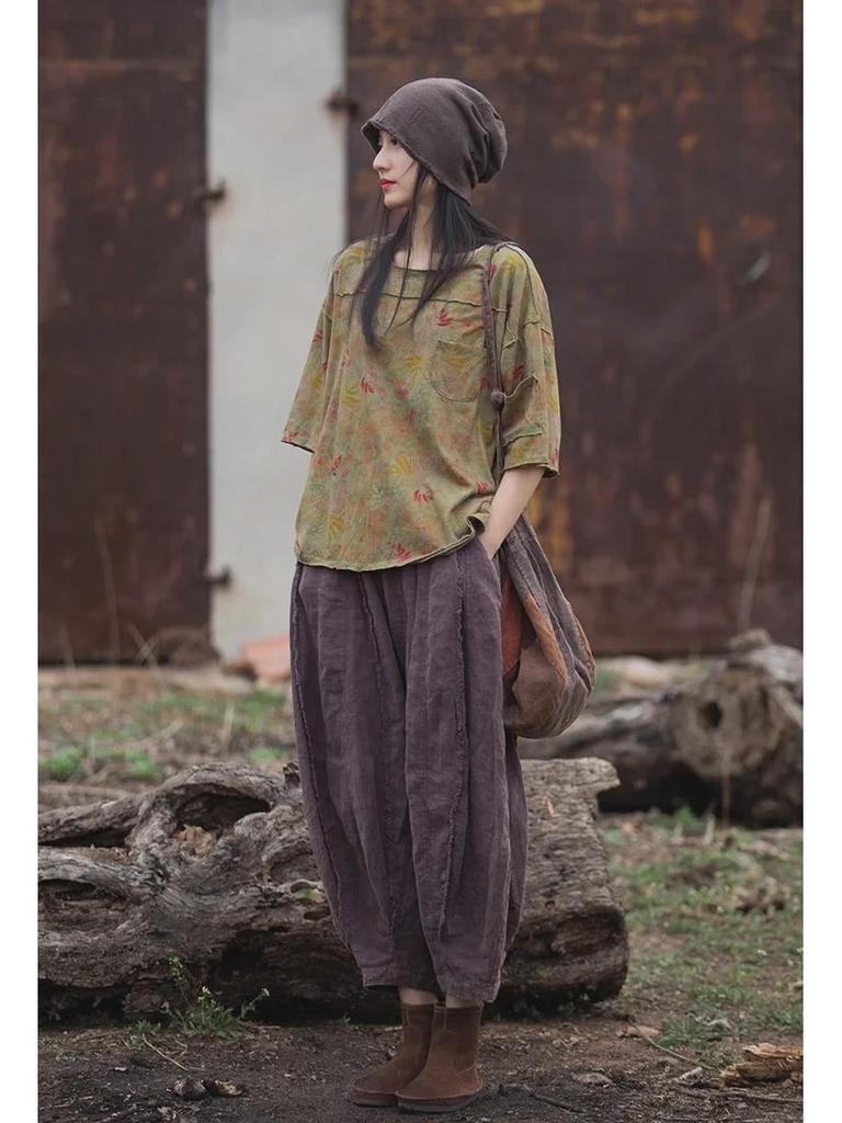 Женская футболка с коротким рукавом из хлопка и льна с пескоструйной обработкой в винтажном стиле