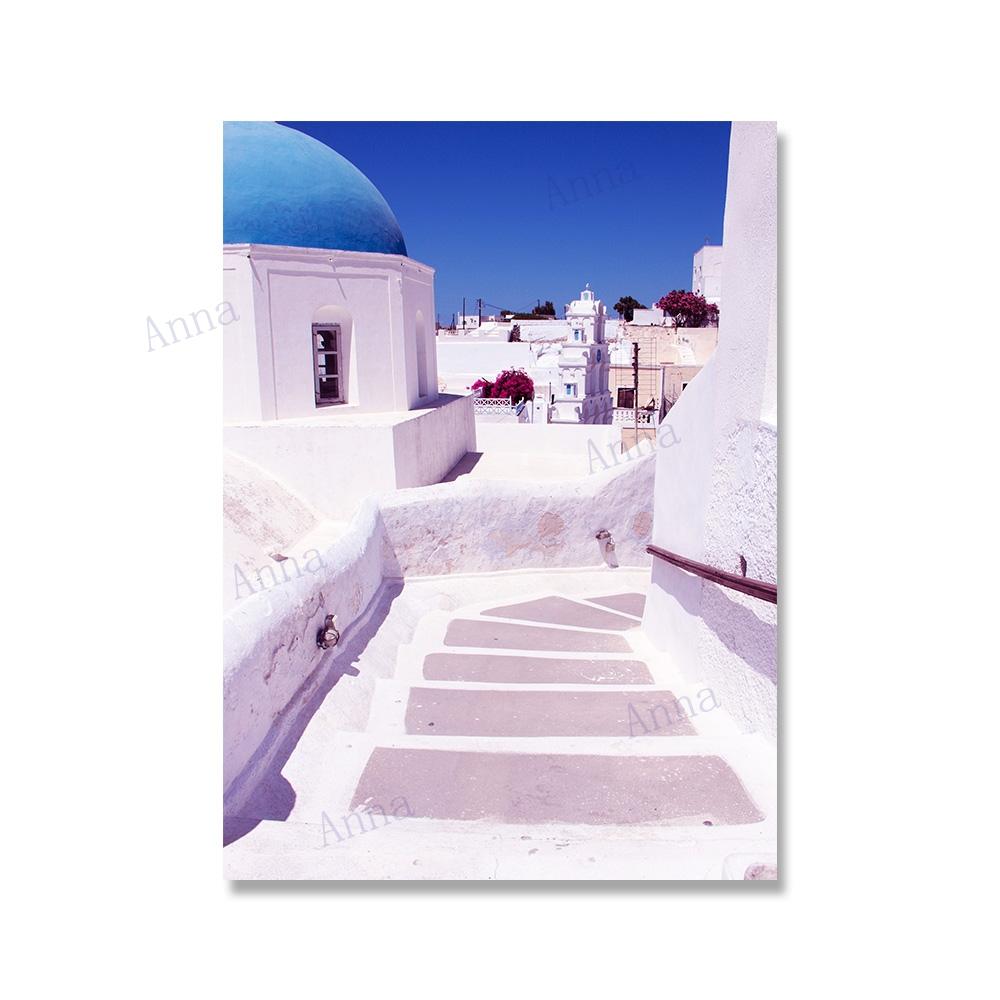 Greece Santorini Pink Ocean Wall Art Canvas Painting Sunset White Coastal Posters And Prints Wall Pictures For Living Room Decor