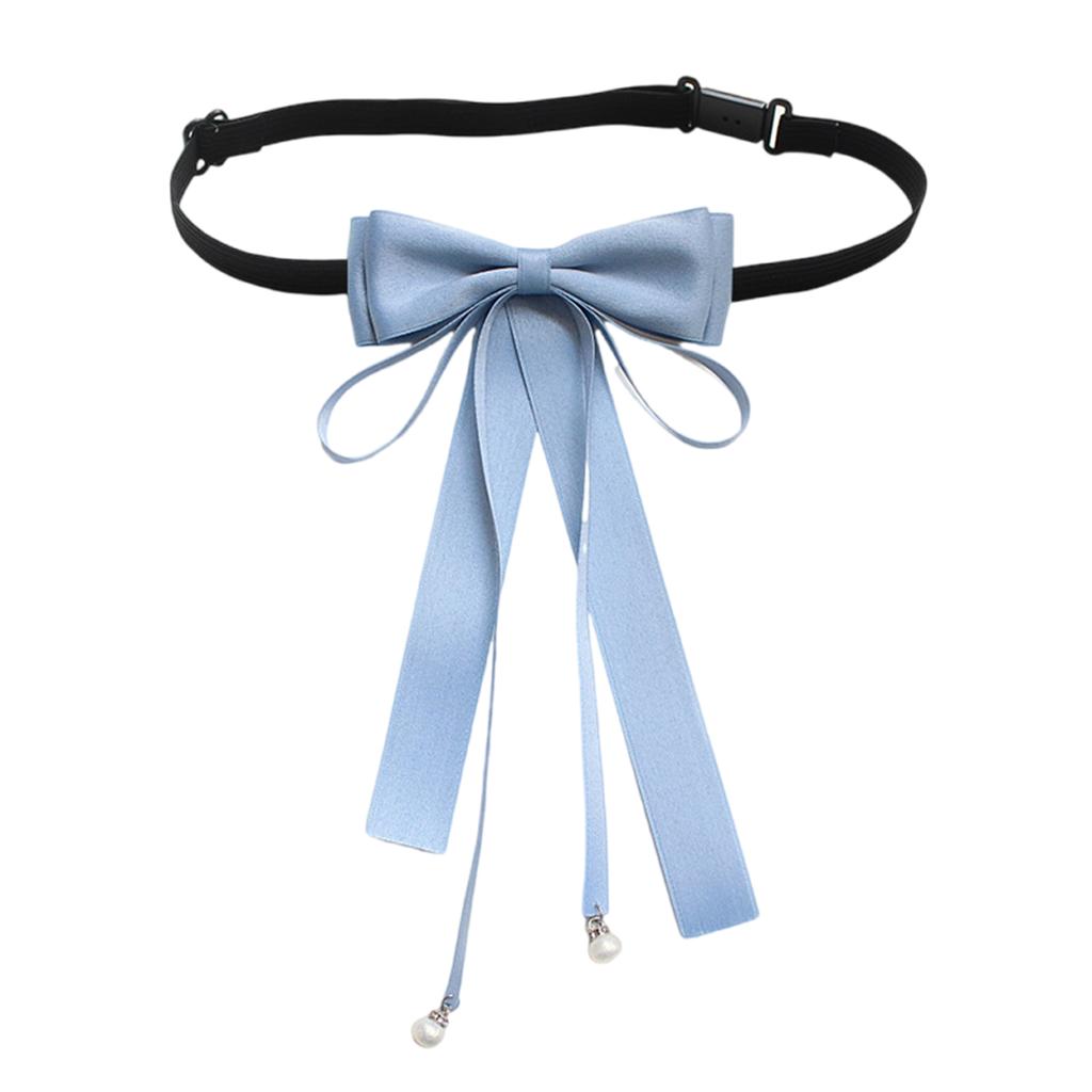 Elegant Pearls Long Ribbon Bowtie with Pin Pre Tied Adjustable Preppy Styles Bowknot Necktie for Fashionable Women Ties