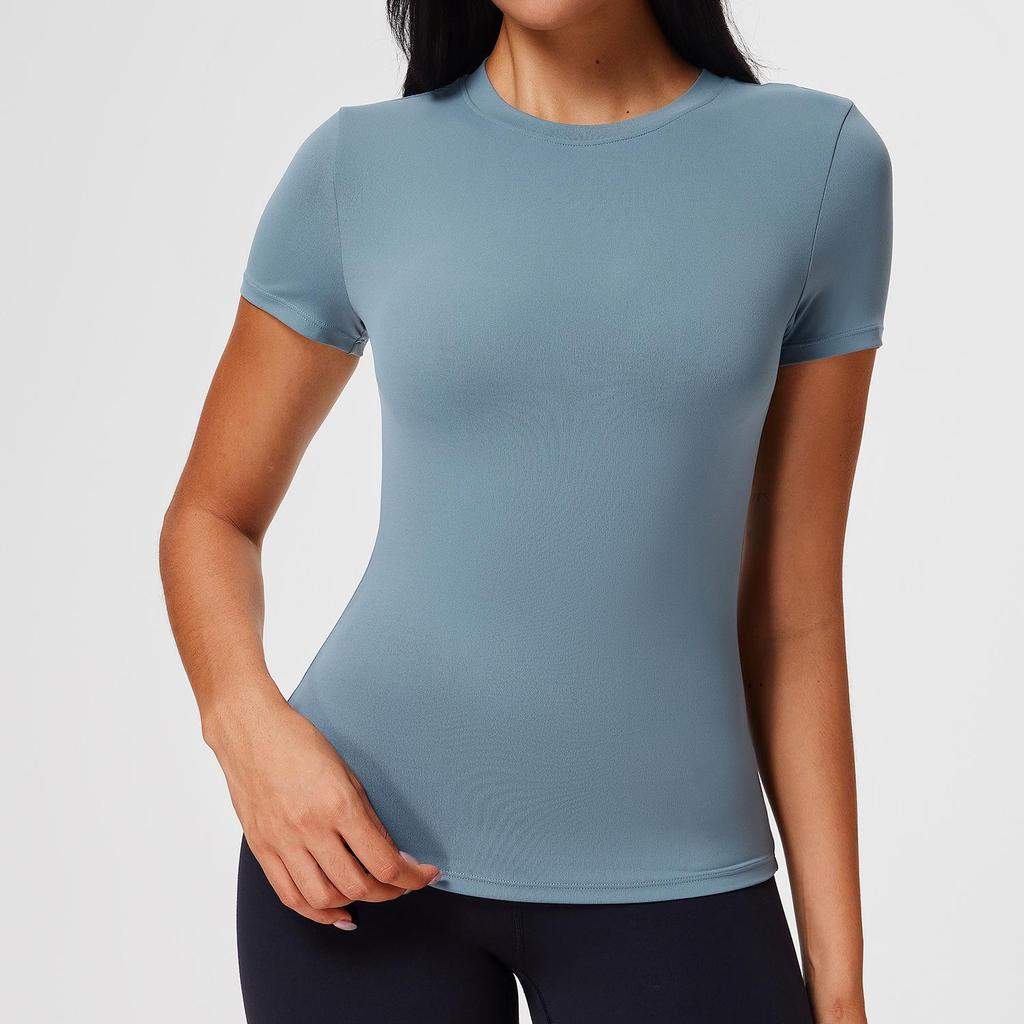 Спортивная футболка для йоги в стиле Кардашьян, однотонная, быстросохнущая, эластичная, стройнящая, облегающая, с круглым вырезом, короткий рукав, для весны и лета.
