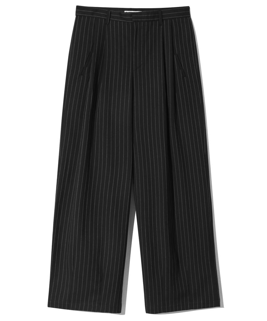 BASEMOMENT Double-Pleat Wide Striped Slacks Black