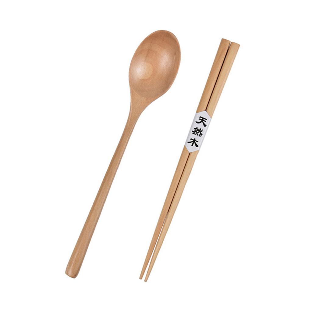 Легкий Портативный Деревянный Набор Столовых Приборов Палочки для Еды и Ложка Посуда с Текстурой Дерева для Путешествий Кемпинга Домашней Трапезы