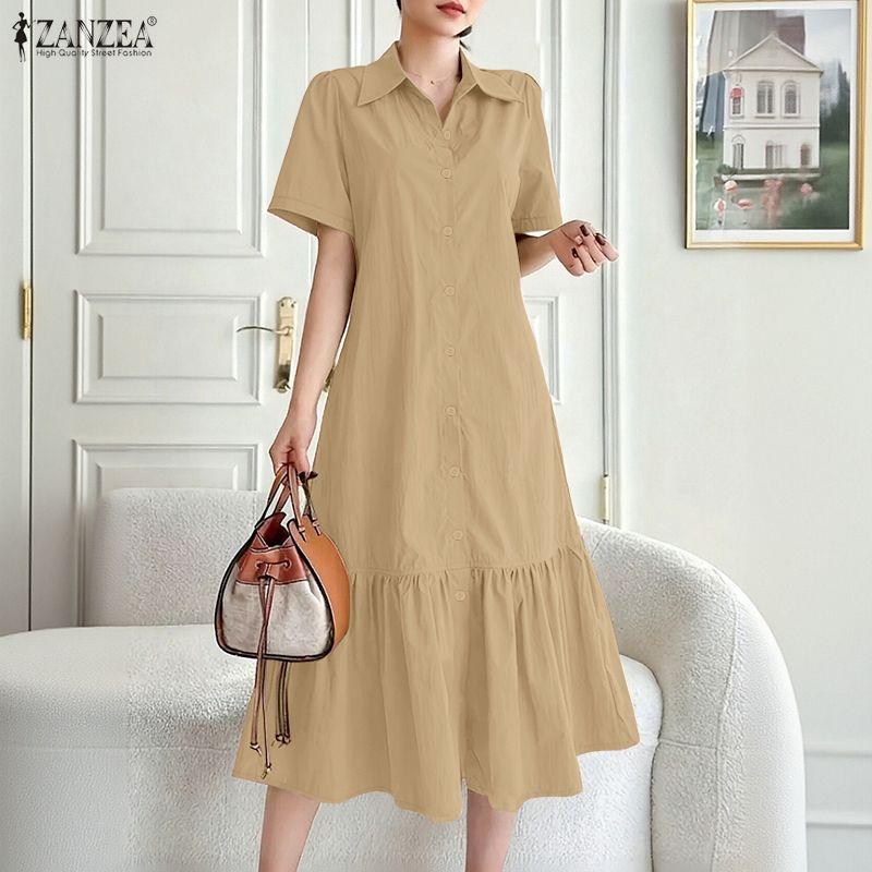 ZANZEA Женское повседневное платье с отложным воротником, свободное, летнее, с коротким рукавом