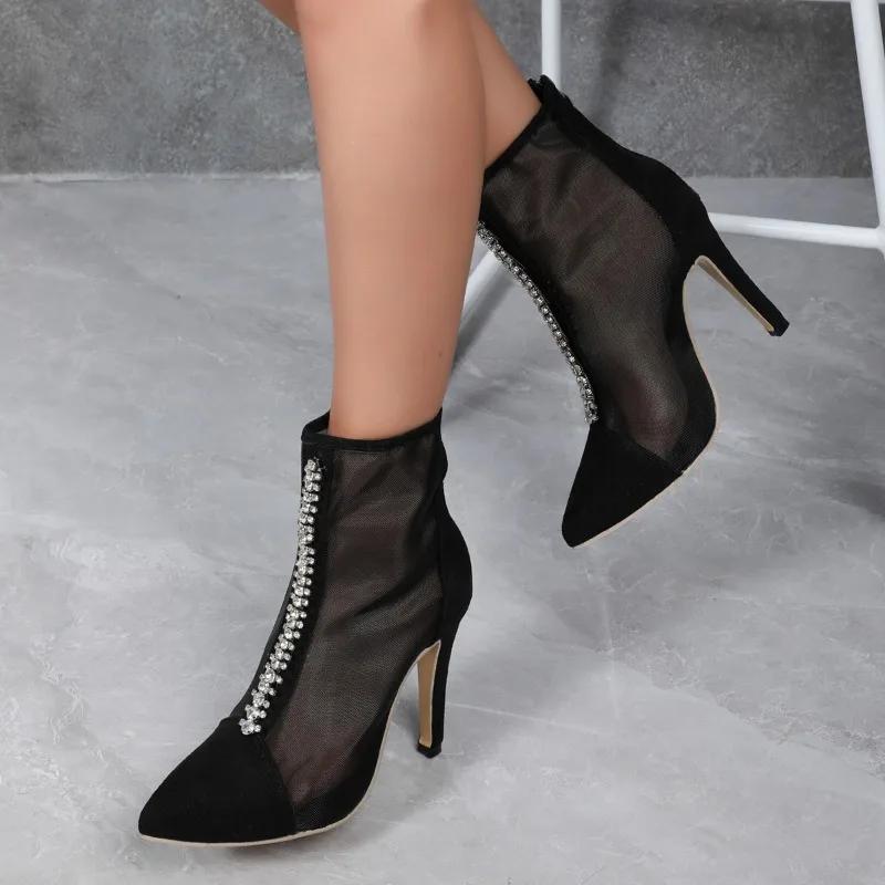 Мода 2024 года, новые весенние и осенние модные туфли с острыми краями из сетки, дышащие, с ромбовидной отделкой сзади, на молнии, повседневные, большие женские туфли на высоком каблуке 35-43