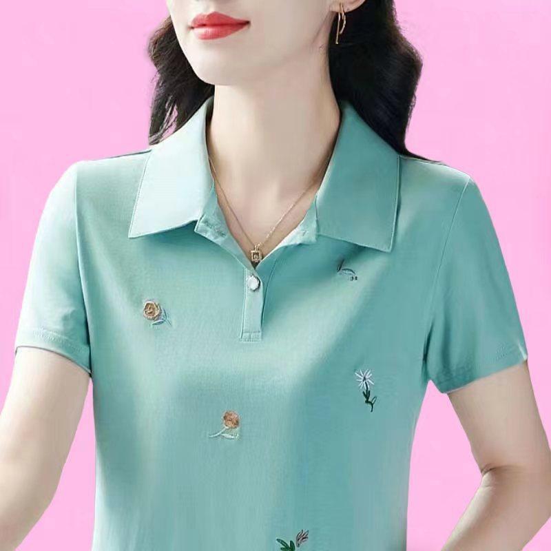 New Short-sleeved Women's Summer Temperament Versatile Polo Loose and Fashionable Lapel Shirt Printed Top T-shirt