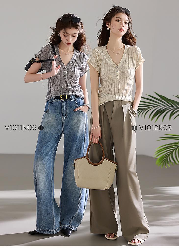 __ Natural Ensemble __ Series V-neck Short-sleeved Linen Knitted Shirt