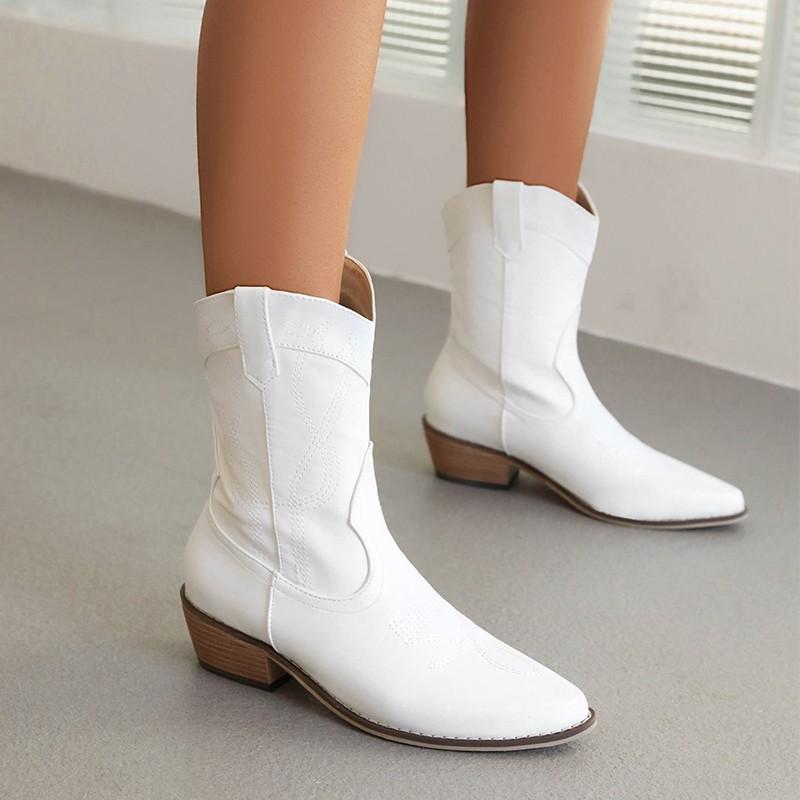 Women Western Ankle Boots Pointed Toe Casual Booties Autumn Winter Lady Suede Flock Retro Short Boot Plus Size 48 Bottes Femme