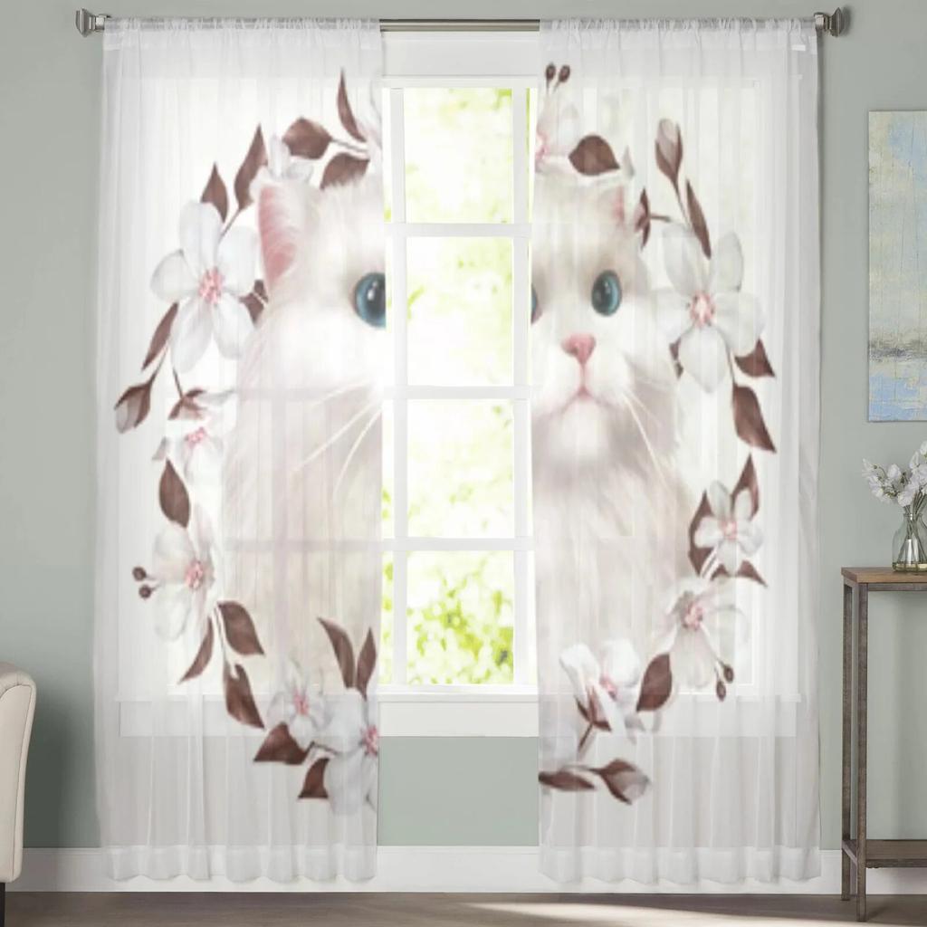 Милый белый кот венок из цветов прозрачные шторы для окна гостиной прозрачная вуаль тюль занавески для спальни домашний декор