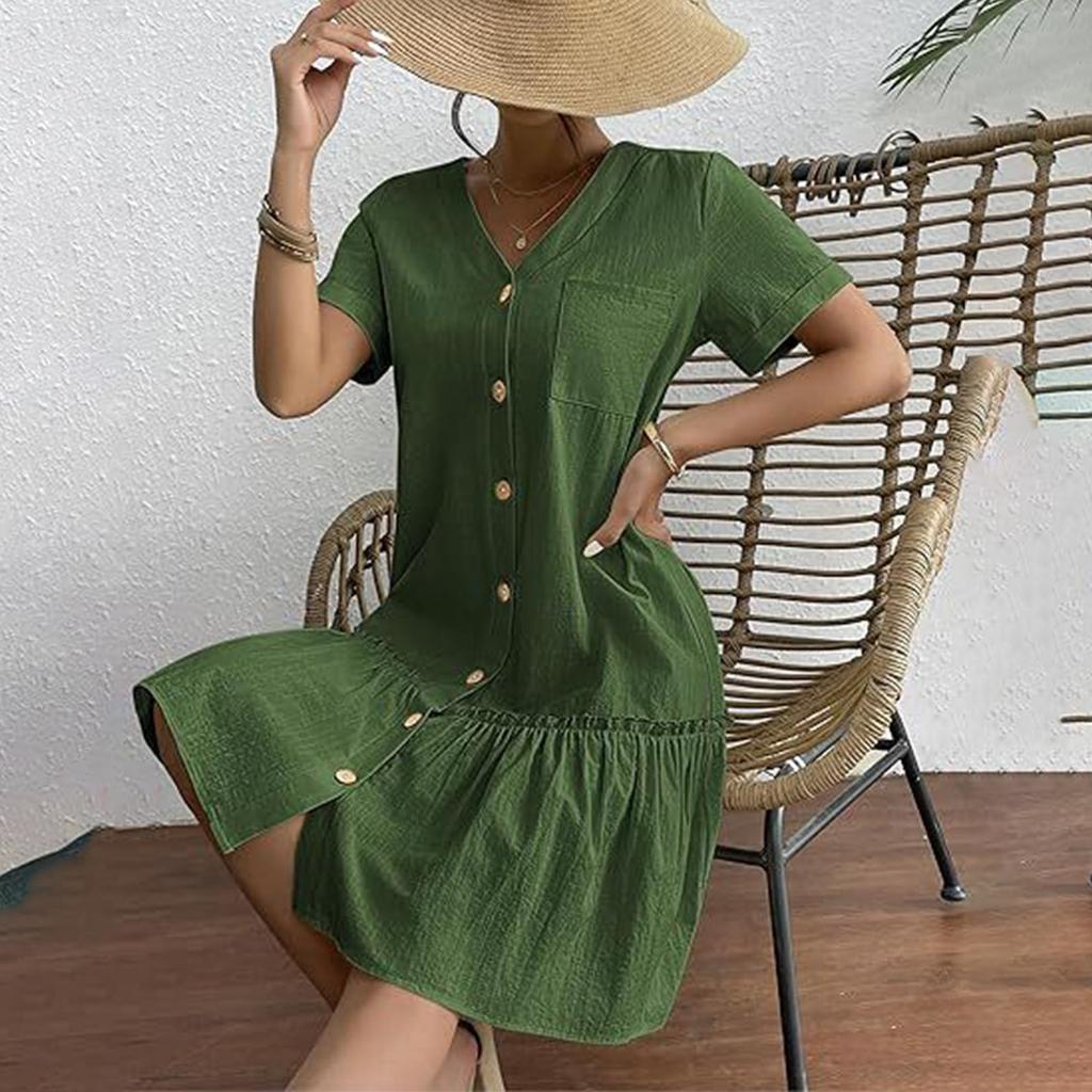 Женское повседневное однотонное свободное платье с v-образным вырезом и пуговицами с короткими рукавами и рюшами по подолу