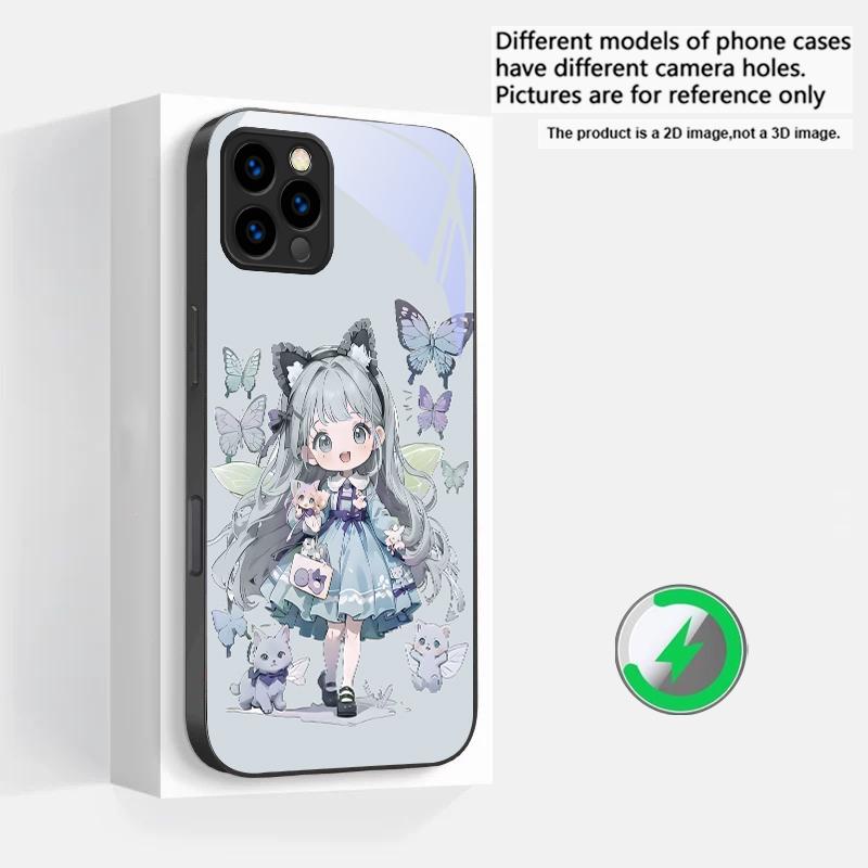 Q-версия Синяя Бабочка Подходит для iPhone 16E 17 Pro Max 15 Pro 14 13 Plus 12 mini 11 16 Air 17Pro Магнитный Стеклянный Чехол для Телефона