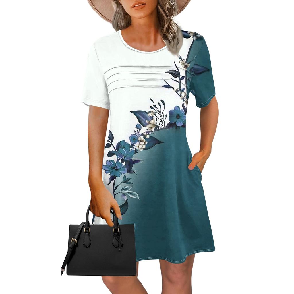Женское летнее винтажное платье с цветочным принтом, повседневное платье с коротким рукавом и круглым карманом