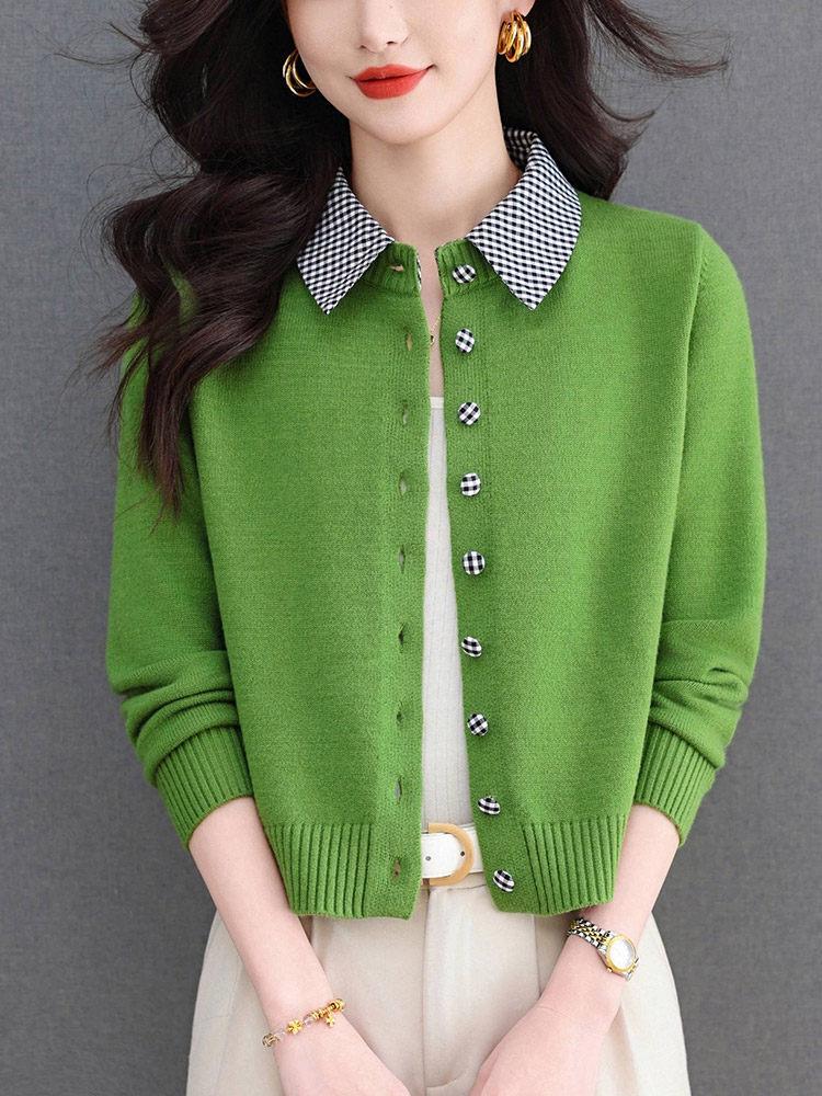 Women's Spring 2026 Lapel Knit Cardigan: Multi-Button Patchwork Color Block Style, Short Age-Reducing Jacket