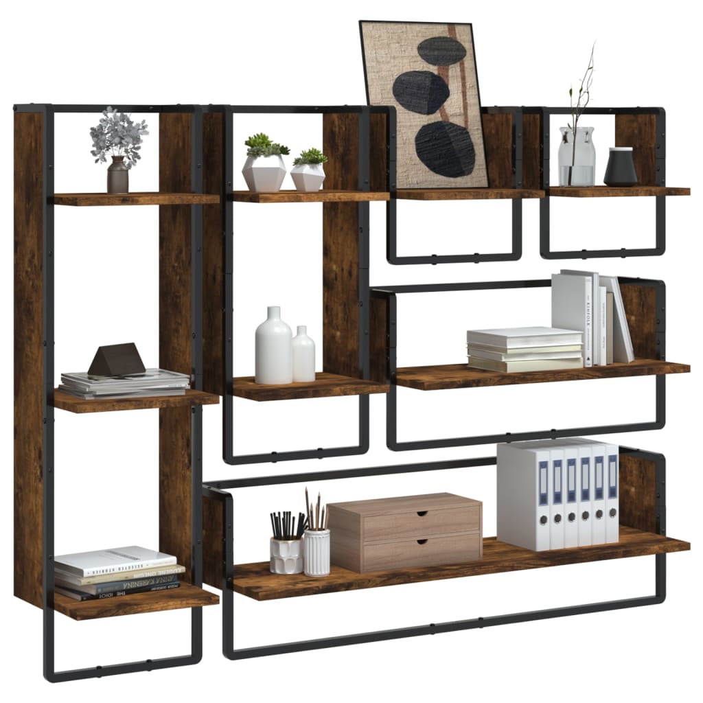 6 Piece Wall Shelf Set with Bars Smoked Oak Wood Based Material