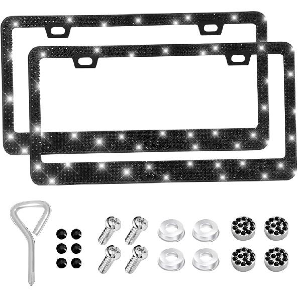 Bling Car License Plate Frame, 2PCS Crystal Sparkly Rhinestone Stainless Steel Vehicle License Plate Holder for Women Girl, Diamond Automotive