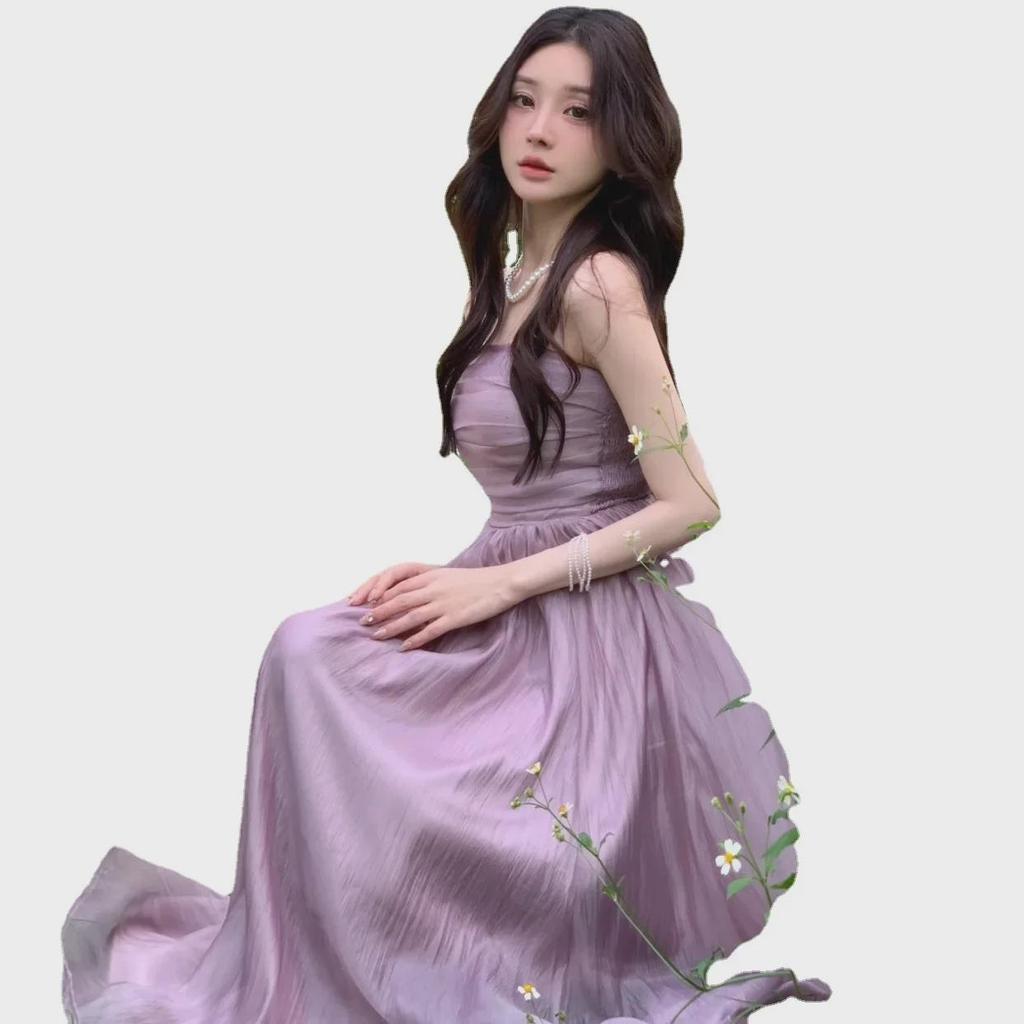 Фиолетовое платье с подтяжками: Женское летнее платье Fairy Style 2024 года, однотонное, утягивающее талию, длинное платье для отпуска