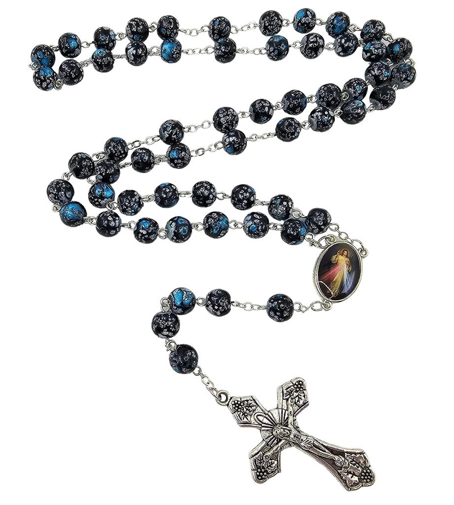 TALISMAN4U Католическое ожерелье из четок, синие стеклянные бусины, медальон «Бог, милосердие», крест Иисуса, религиозный подарок, стеклянная коробка,