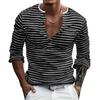 Men Striped Henley Shirt Long Sleeve Casual Button Down V Neck Tee