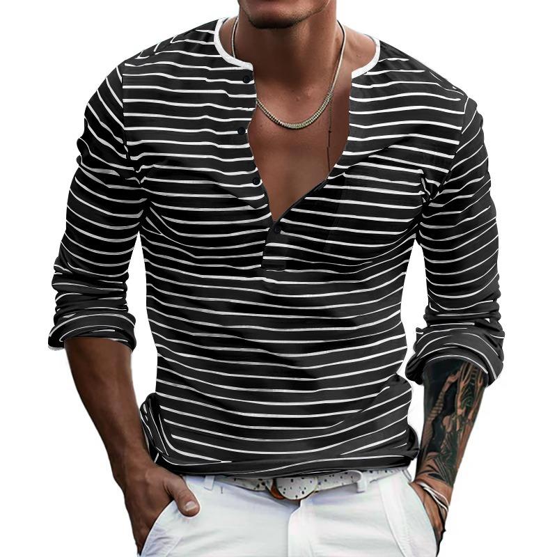 Men Striped Henley Shirt Long Sleeve Casual Button Down V Neck Tee