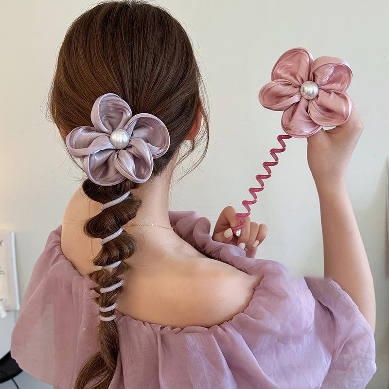 Fabric Flower Pearl Telephone Line Hair Band Fashion Simple Temperament Hair Rope Versatile Headgear Hair Accessories High Sense