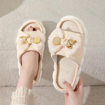 Мода 2025 Лето Льняные Женские Тапочки Домашние Тапочки Удобная Толстая Подошва Платформа Женские Модные Бант Комнатные Тапочки Оптом