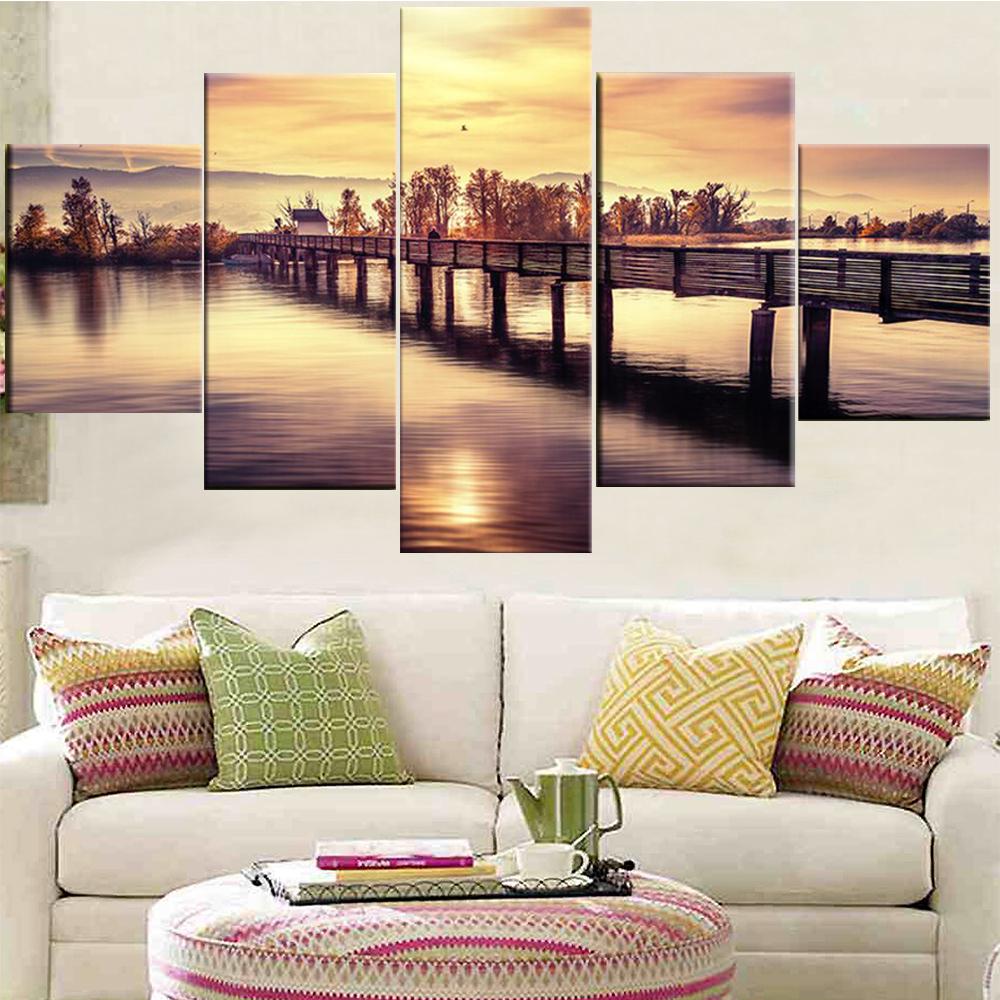 5 шт., настенная живопись на холсте, пейзажный постер, маленький мостик и озеро, современная гостиная, украшение для дома, модульные картины