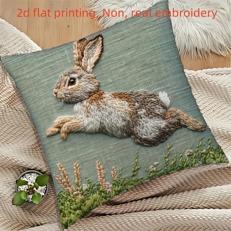 Easter Bunny Faux Embroidery Pillow Cover 2D Print Rustic Spring Decor Soft Linen Feel For Sofa Bed Living Room Easter Gifts