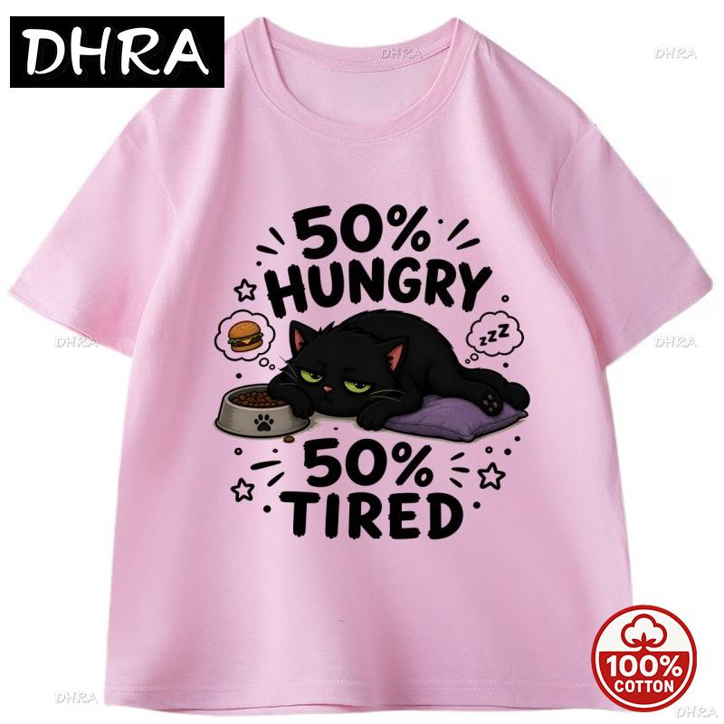 Funny Hungry Tired Cat Printed Unisex Tshirt Cotton Short Sleeve Casual Round Neck Tee Streetwear Breathable Humor Summer Tshirt
