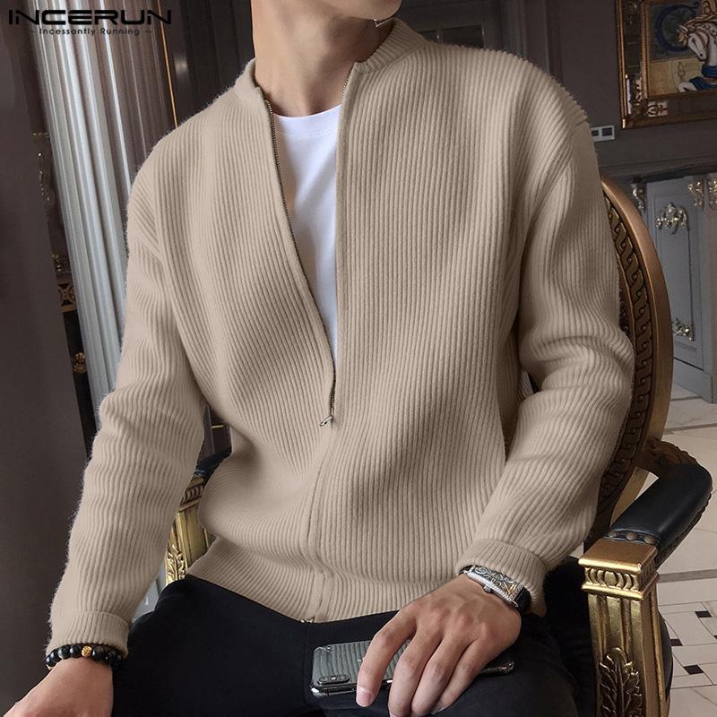 INCERUN Autumn Men Zipper Long Sleeve Knitted Sweaters Casual Rib Pullovers