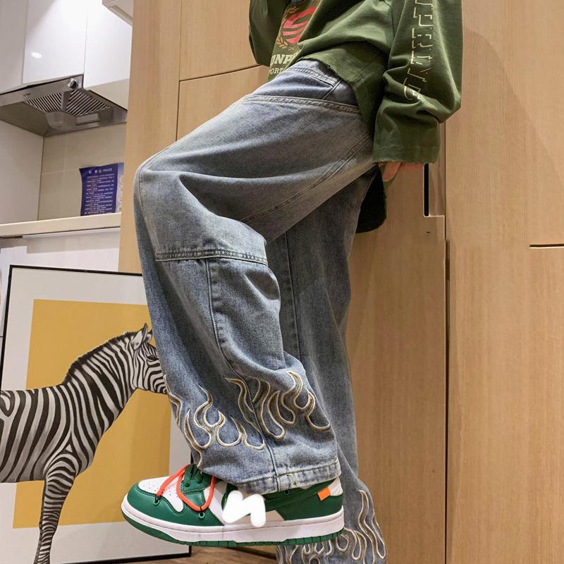 Мужская мода Y2K Одежда Винтажные роскошные джинсы Мужчины Огненная вышивка Высококачественные мешковатые прямые брюки Джинсовые брюки Джинсы для мужчин Уличная одежда