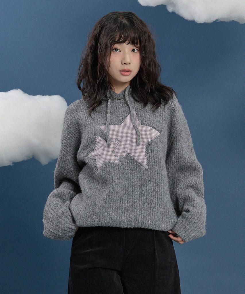 WAIKEI Big Star Check Applique Hoodie Knit Gray