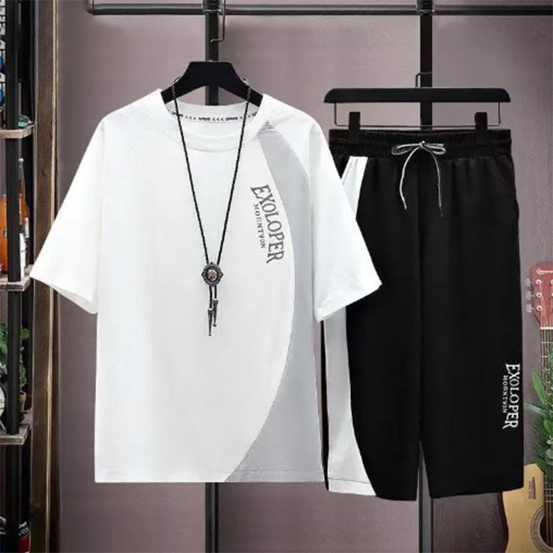 Летний костюм-футболка с короткими рукавами, мужской однотонный трендовый молодежный повседневный спортивный укороченный костюм из двух предметов