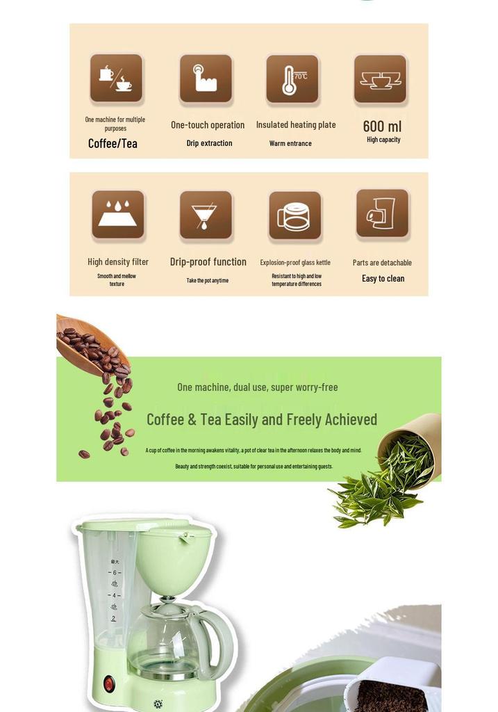 Compact Automatic Drip Coffee & Tea Maker for Home & Office