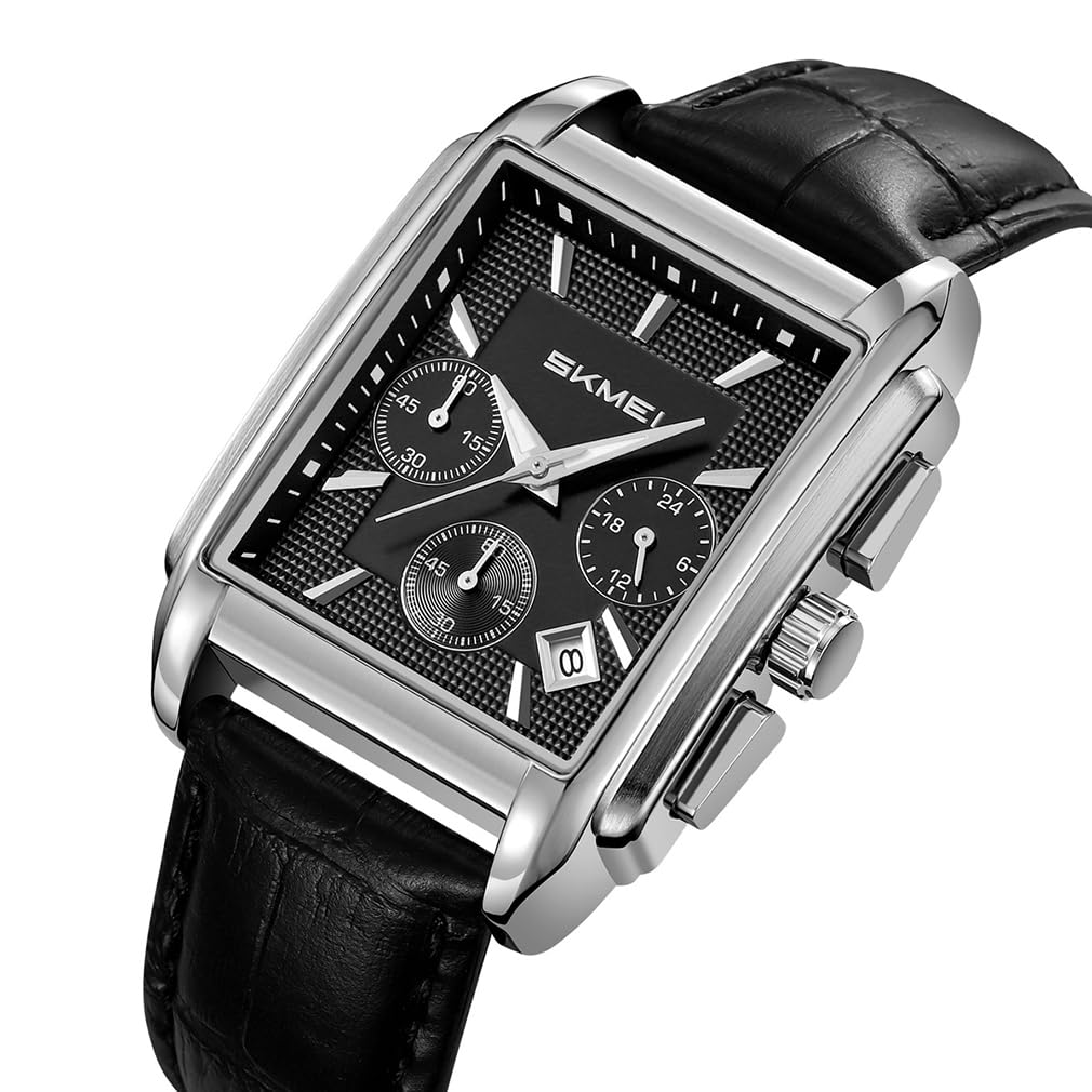 Skmei Квадратные часы Черный кожаный ремешок Стильные наручные часы Хронограф Водонепроницаемые Брендовые Аналоговые Часы в стиле Бизнес-кэжуал Роскошный подарок Серебристые Черные часы для