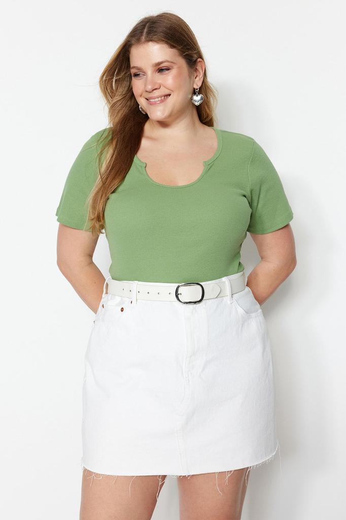 Women's Style Plus Size Navy Blue Collar Detailed Ribbed Knitted T-shirt