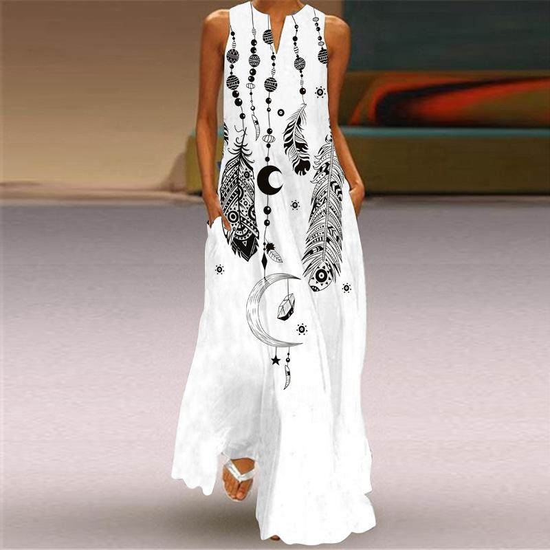 2026 Summer Women's Fashion Sexy Digital Printing V-Neck Sleeveless Long Dress Pocket European and American Dress S-5XL