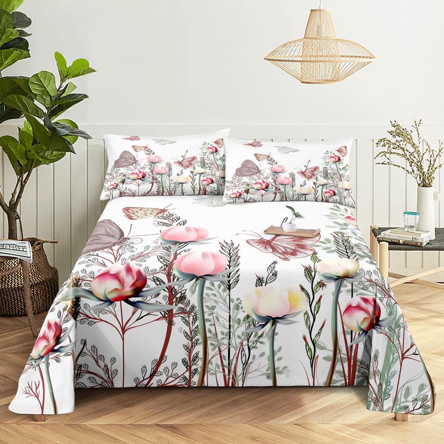 Bedsheets Set With Pillows Case Queen Size Soft Bed Sheets And Pillowcases For Single Double Beds Twin Pink Flower Thin Fabric