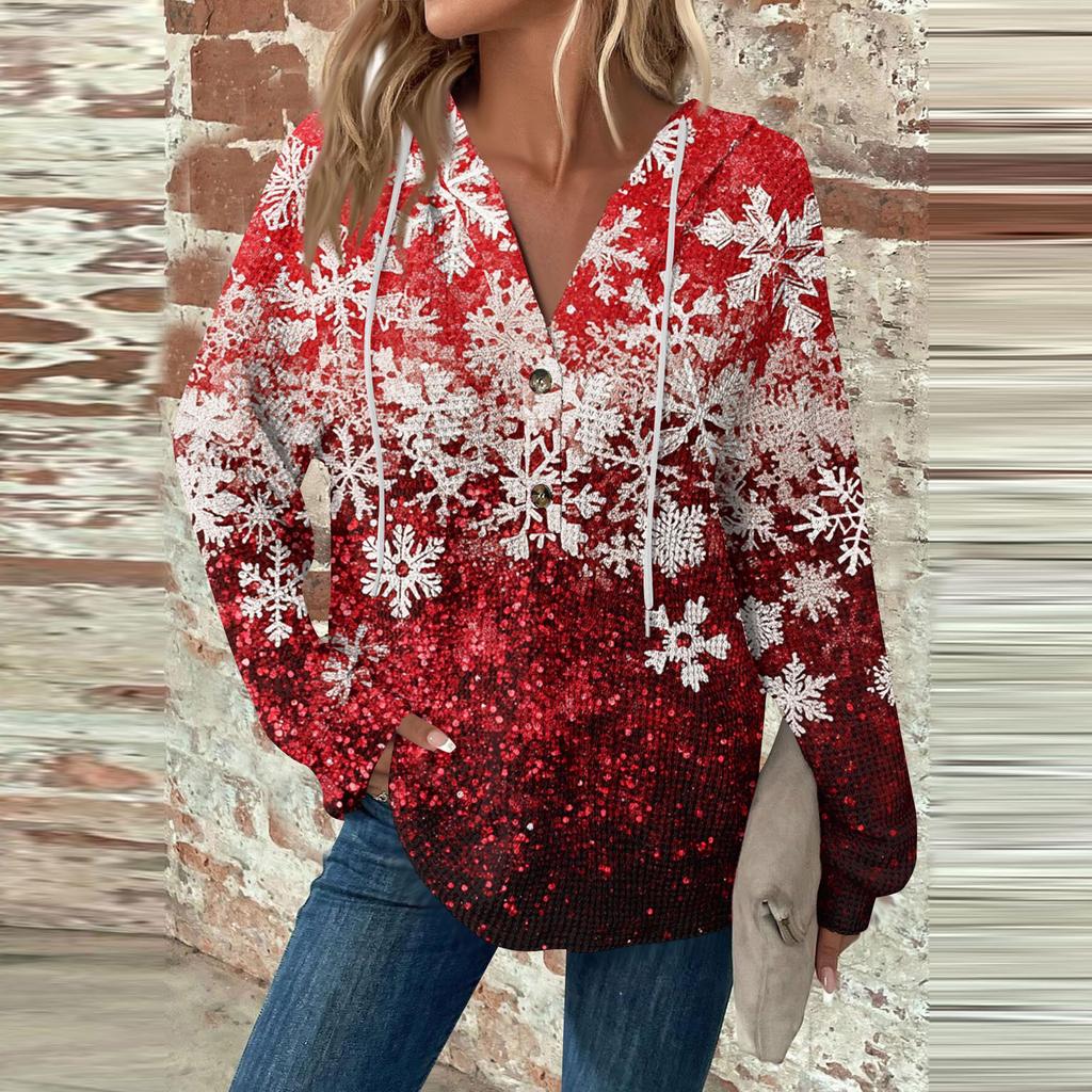 Женская мода с длинным рукавом, завязками на шнурке, капюшоном, пуговицами, V-образным вырезом, повседневная толстовка с капюшоном и рождественским принтом