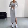 Trendy European & American Long-Sleeve Round Neck Slit Knit Dress for Women