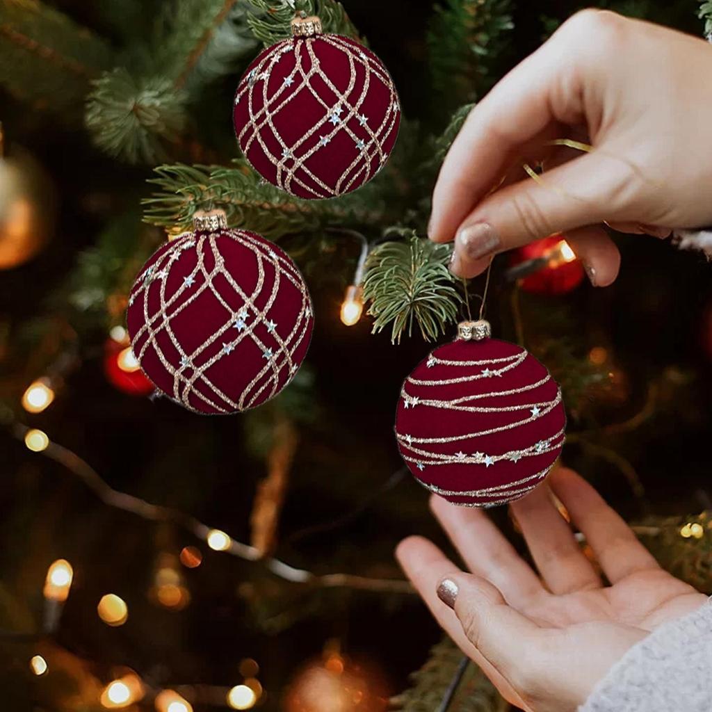 Velvet Flocked Christmas Balls 12X Christmas Tree Ball Decorations Retro Decorative Christmas Tree Ball With Glitter For New